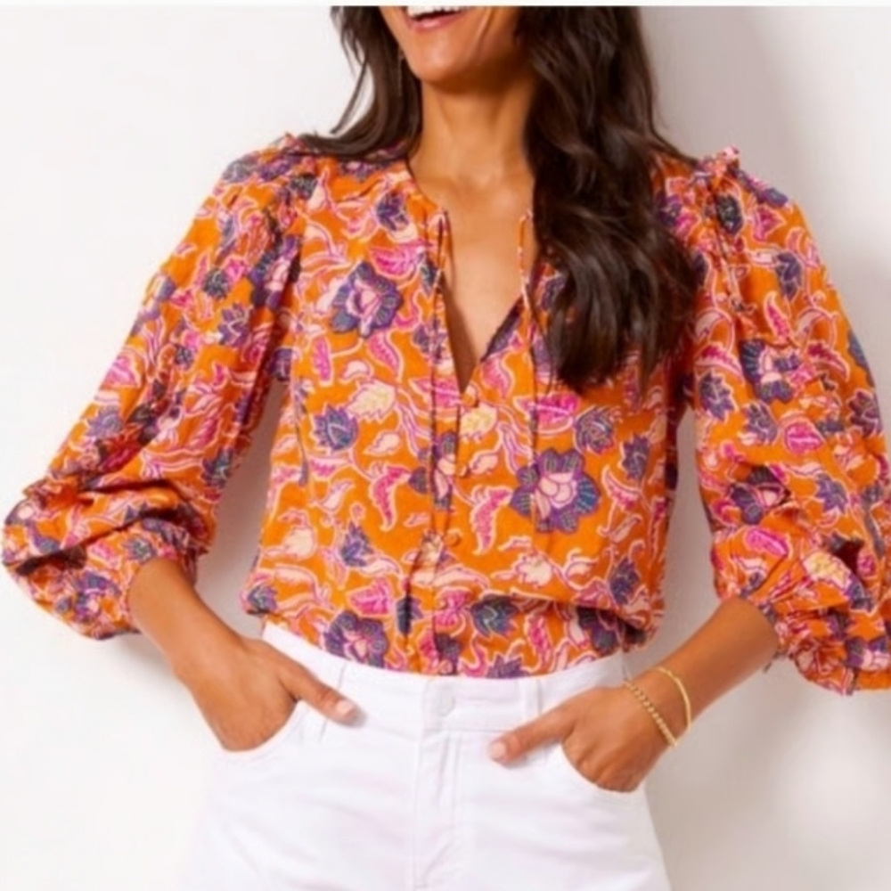 Cleobella Orange Floral Puff-Sleeve Blouse with Pink & Purple Accents